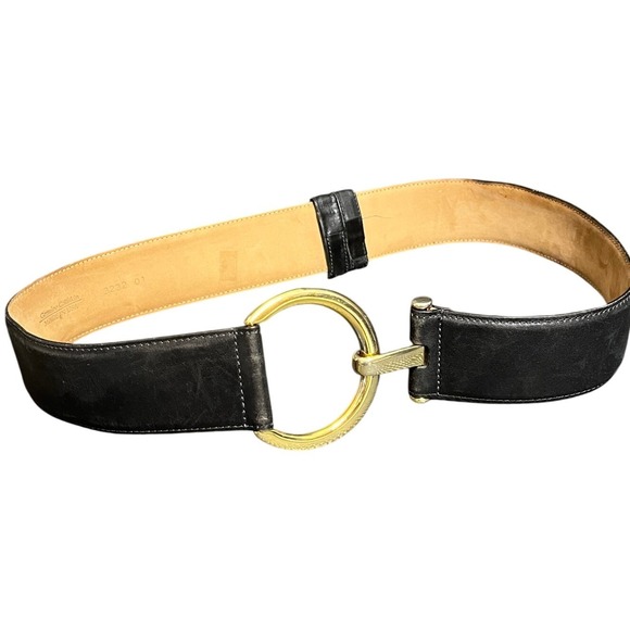 WCM New York Black Leather Belt Gold‎ Circle Buckle Genuine Calfskin Made in USA